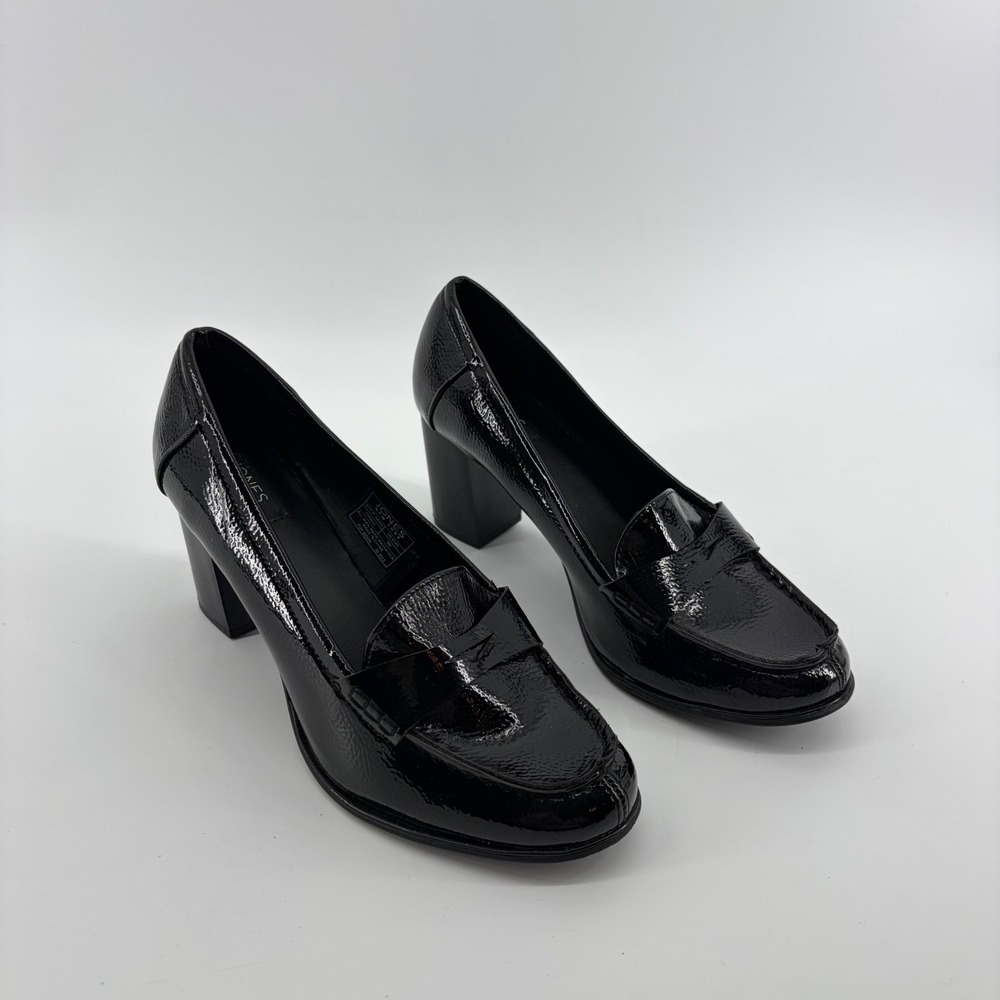 Jones New York Womens 9 Black Cypress Heeled Loafer Patent Block Heel Pumps